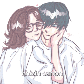 a drawing of a boy and a girl with the name chizin canon written below them