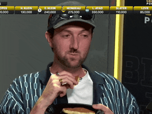a man eating a pancake in front of a screen that says mongeau 275,000