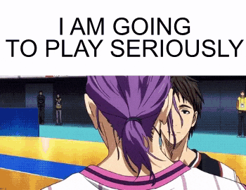 a man with purple hair says i am going to play seriously while looking at another man
