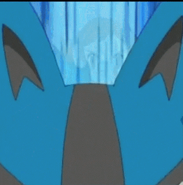 a cartoon character is standing in front of a blue curtain and looking at the camera .