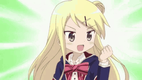 a girl with long blonde hair is wearing a blue school uniform and a pink bow tie .