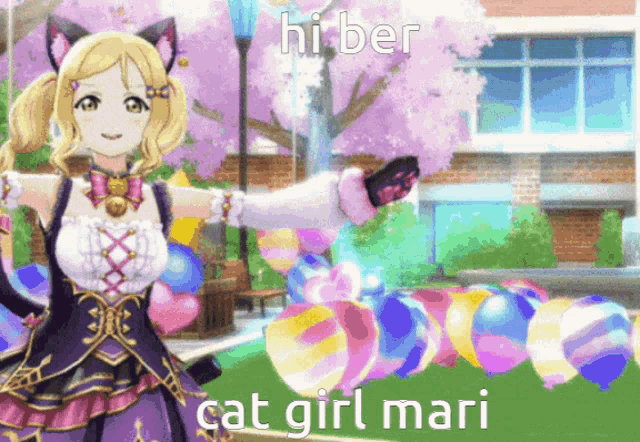 a picture of a cat girl holding balloons with the caption " hi ber cat girl mari "