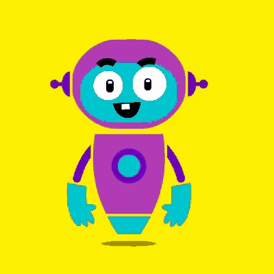 a purple robot with blue arms and legs is standing on a yellow background .