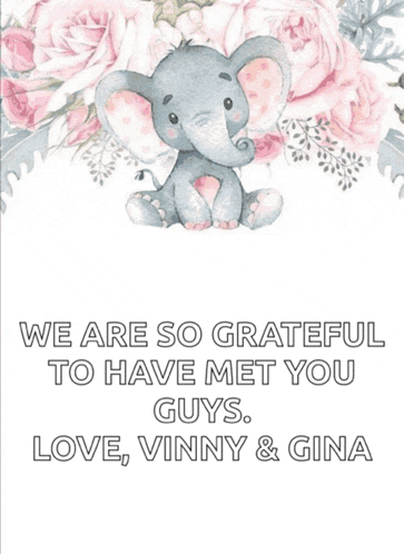 a card with an elephant and the words we are so grateful to have met you guys