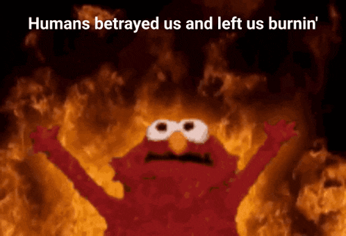 elmo is surrounded by flames with the words " humans betrayed us and left us burnin ' "