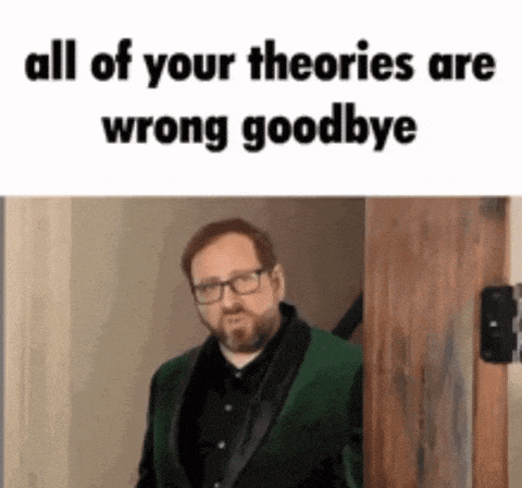 a man in a green suit and tie is standing in front of a door and says `` all of your theories are wrong goodbye ''