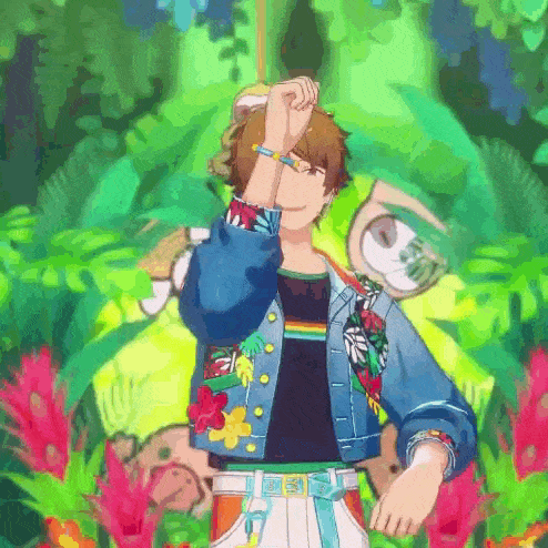 a man in a blue jacket is standing in front of a jungle with flowers .
