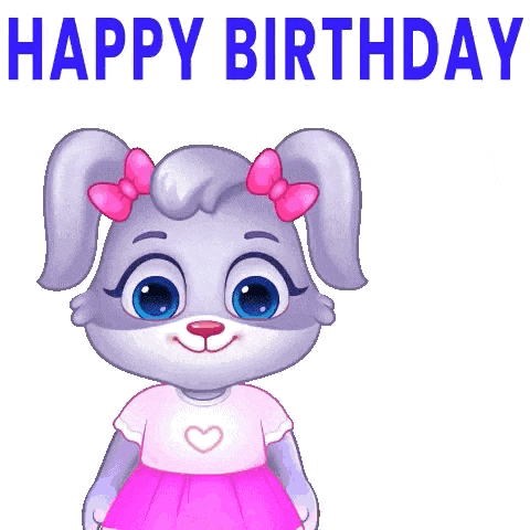a cartoon rabbit is holding a bouquet of flowers and saying happy birthday