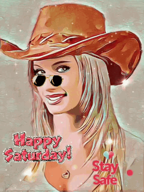 a cartoon of a woman wearing a cowboy hat and sunglasses with the words happy saturday