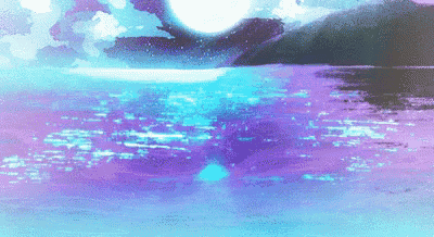 a painting of a lake with mountains in the background and a full moon