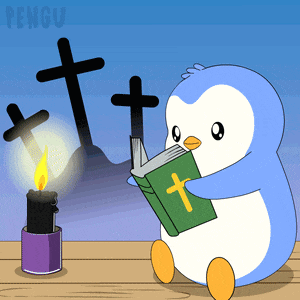 a penguin is reading a book with a cross on it in front of three crosses