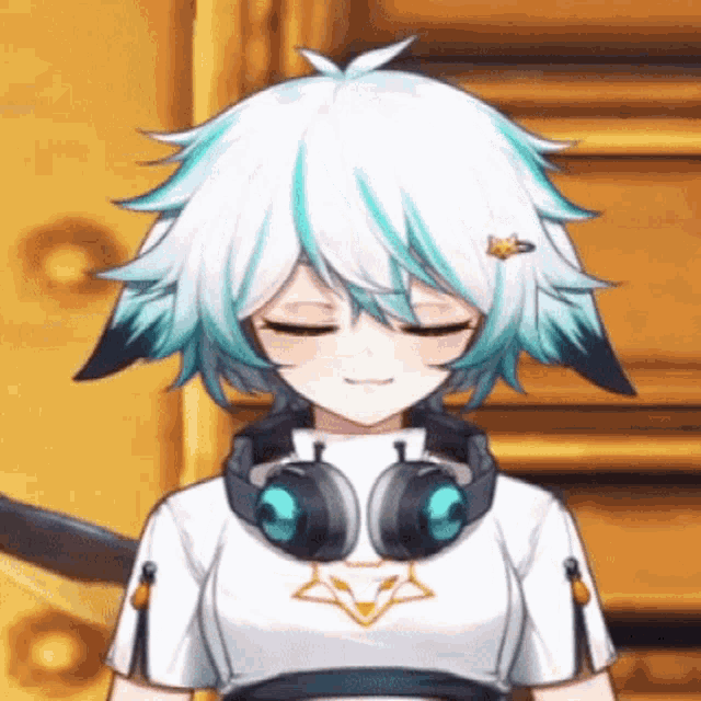a girl with headphones around her neck is standing with her eyes closed .
