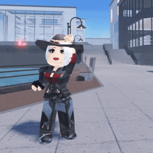 a girl in a cowboy hat is standing on a sidewalk in front of a building