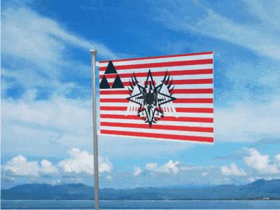 a red white and blue flag with a star and triangles on it