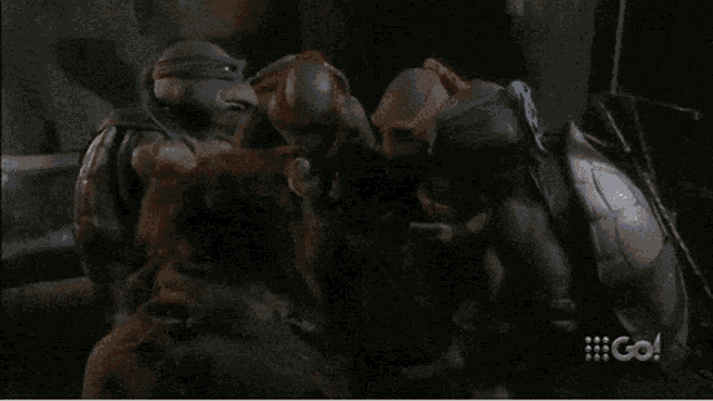 a group of teenage mutant ninja turtles are fighting each other and one of them says " gg eden "