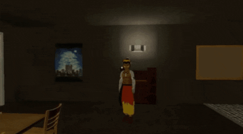 a dark room with a painting of a man and a castle on the wall