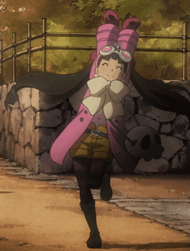 a girl in a pink coat and goggles is walking down a sidewalk