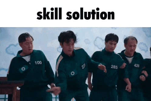 a group of men are dancing in front of a sign that reads skill solution