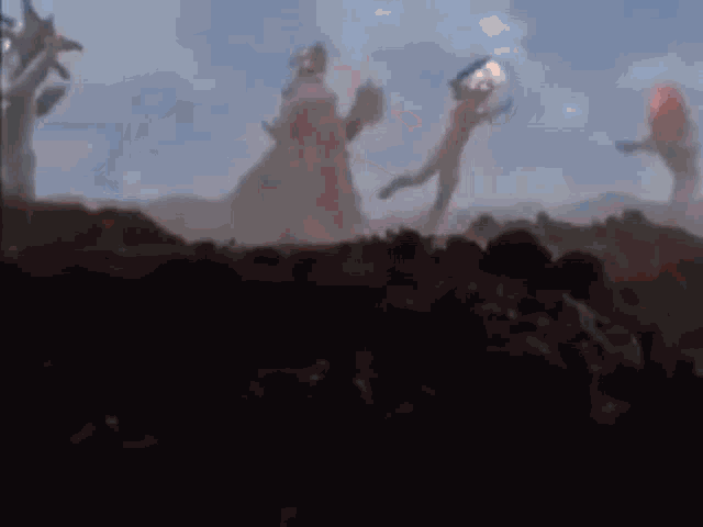 a group of monsters are fighting each other in a field in a cartoon .