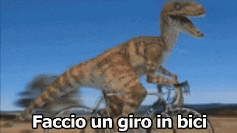 a dinosaur is riding a bike with the words faccio un giro in bici below it .