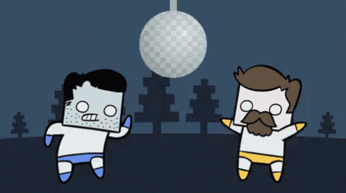 two cartoon characters dancing under a disco ball