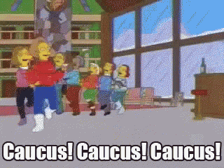 a group of simpsons characters are dancing in a room and the words caucus caucus caucus are visible