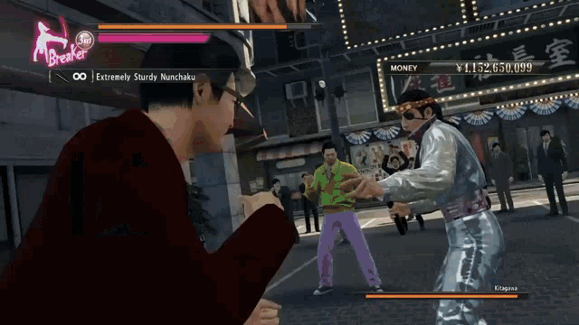 a video game screen shows a man fighting another man with the words extremely sturdy nunchaku on the screen