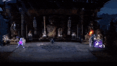 a video game is being played with a statue in the background
