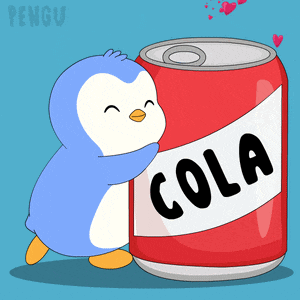 a penguin is hugging a can of cola with hearts coming out of it