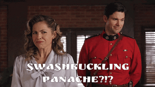 a man in a red uniform stands next to a woman with the words " swashbuckling panache " on the bottom right