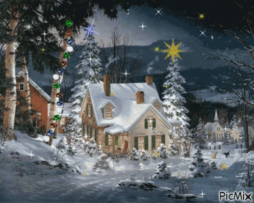 a picture of a snowy landscape with a house in the foreground