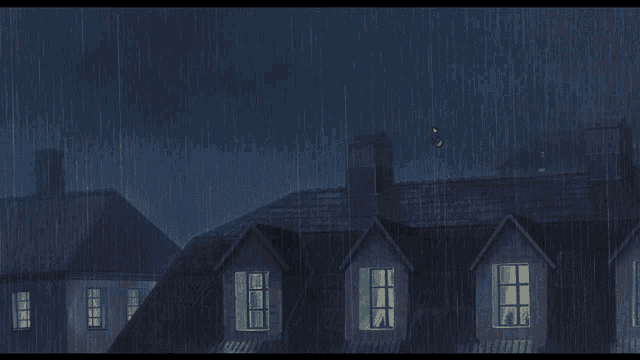a drawing of a rainy night with houses and windows
