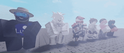 a group of roblox characters are standing in a line with one wearing a shirt that says lu