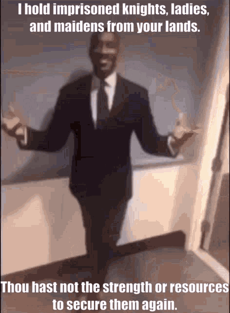 a man in a suit and tie is standing in front of a door with his arms outstretched and a quote on the bottom