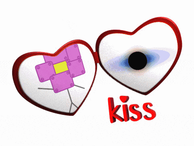a pair of heart shaped glasses with the word kiss on the bottom right