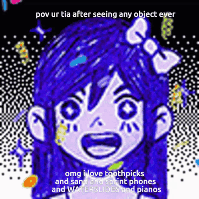 a pixel art of a girl with blue hair and a bow on her head