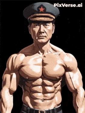 a shirtless man in a military hat with a red star on it is on a black background with pixverse.ai
