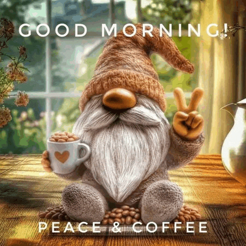 a gnome holding a cup of coffee giving a peace sign