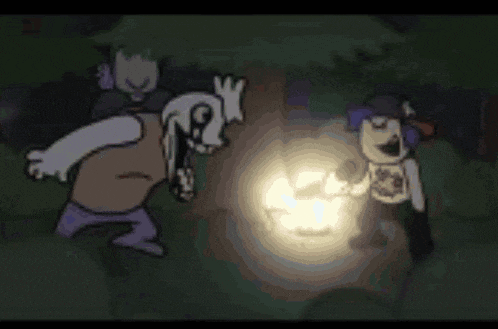 two cartoon characters are standing next to each other with a light coming out of their mouths