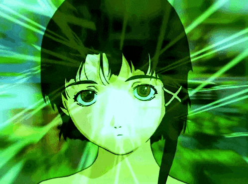 a close up of a girl 's face in a green background
