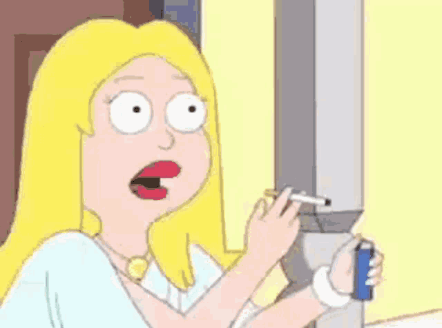 a cartoon woman with blonde hair is applying lipstick