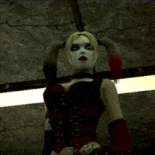 a harley quinn video game character with pigtails on her head