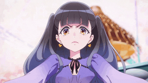 a girl with pigtails is wearing a purple dress with a bow