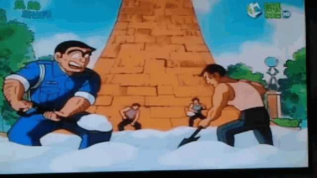 a cartoon shows a man digging in the snow