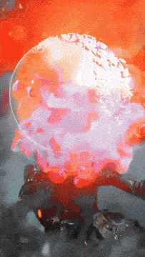 a painting of a jellyfish in the water with a red background