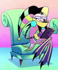 a cartoon character sitting in a chair reading a book