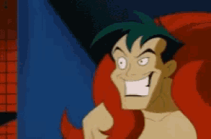 a cartoon character with green hair is smiling and pointing at the camera