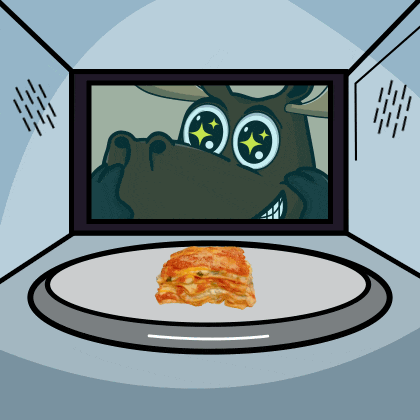 a cartoon moose is looking at a slice of lasagna
