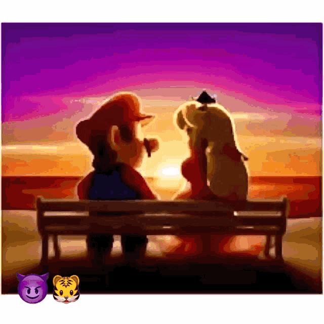 mario and peach sit on a bench at sunset