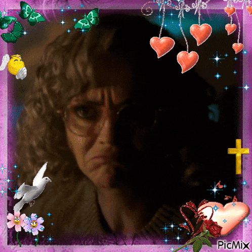 a picture of a woman with glasses is surrounded by hearts and flowers and says picmix